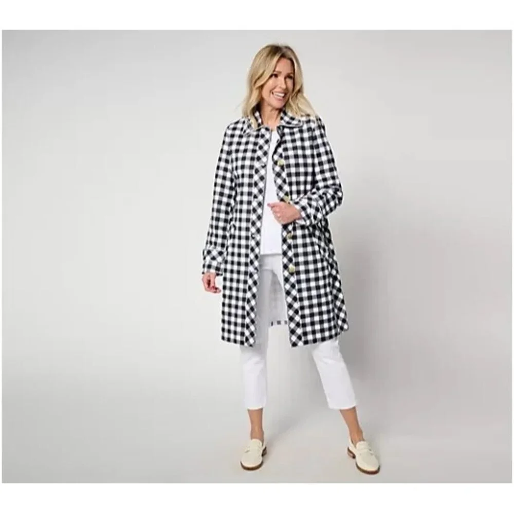 Isaac Mizrahi Live! Regular Gingham Button Front Car Coat Pitch Black L A637029 - Picture 1 of 2